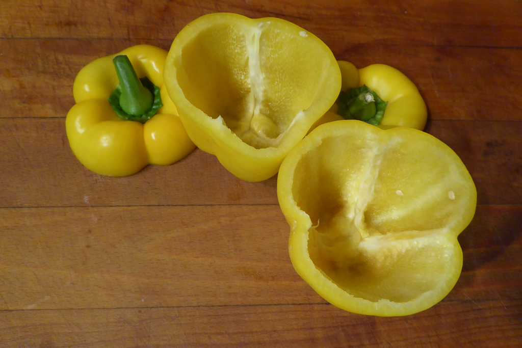 Peppers tops cut off, insides get rid of the seeds and membranes.