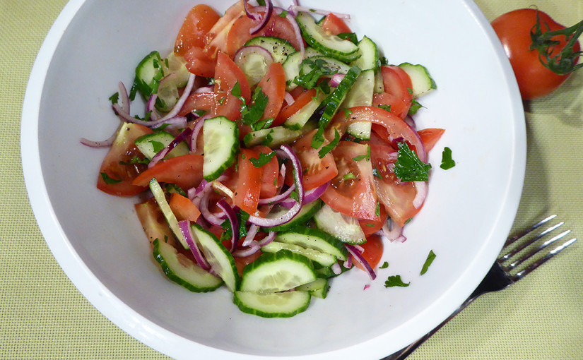 Cucumbers, tomatoes and onions.