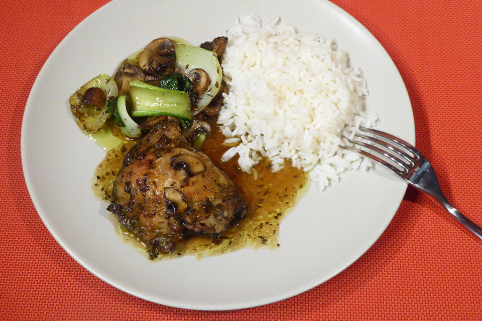 Roasted chicken thighs with mushrooms and pak choi