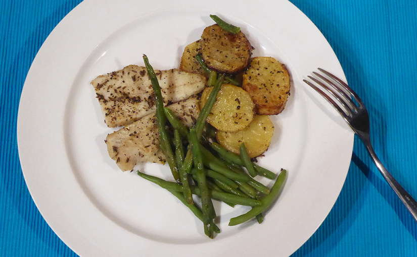 Baked cod with potatoes and green beans